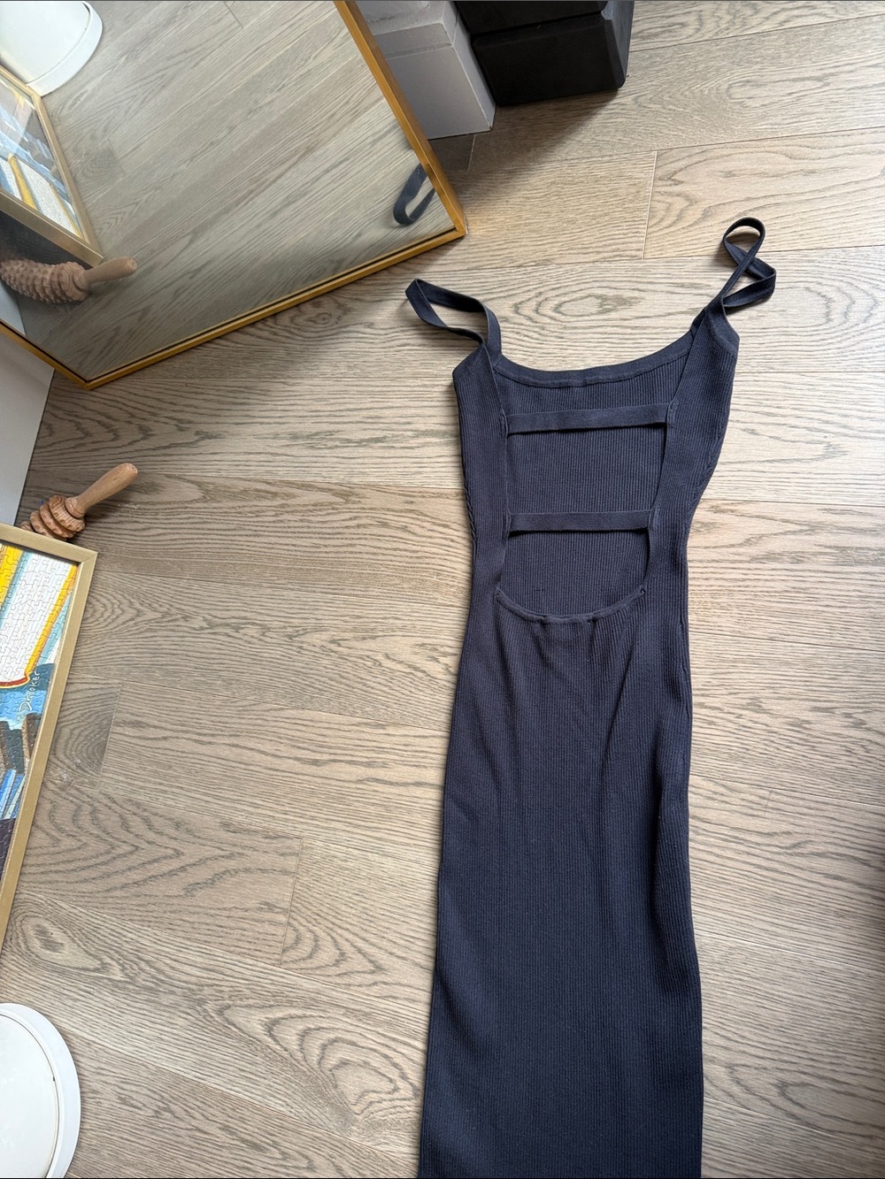 Zara Black Backless Ribbed Midi Dress with Cutout Straps